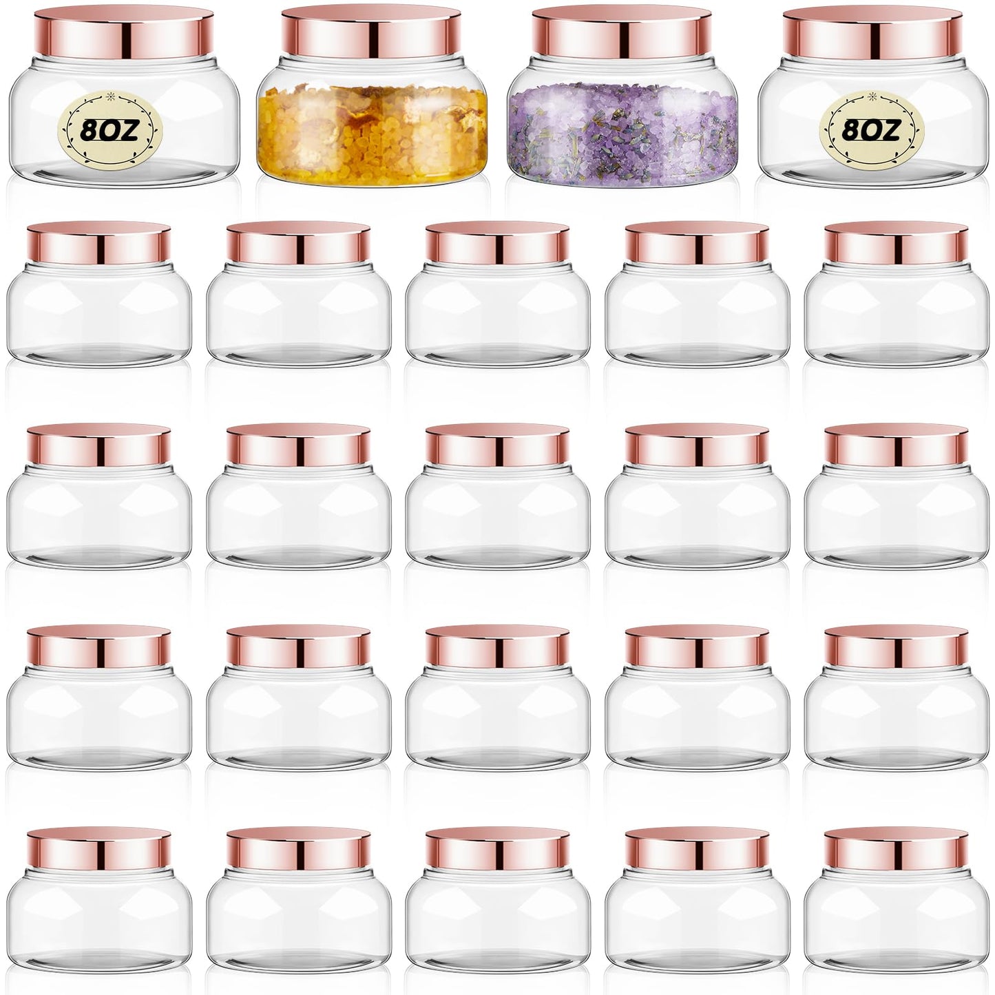 Tessco for you 24 Pack Plastic Jars with Lids Labels Multiuse Slime Containers Empty Body Scrub Jars Round Refillable Cosmetic Body Butter Container for Makeup (8 oz,Rose Gold)