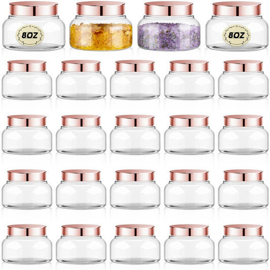 Tessco for you 24 Pack Plastic Jars with Lids Labels Multiuse Slime Containers Empty Body Scrub Jars Round Refillable Cosmetic Body Butter Container for Makeup (8 oz,Rose Gold)