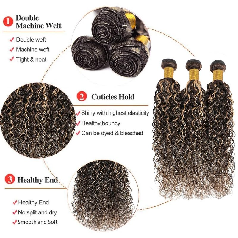 Kinky Curly Hair Bundles - Ombre Brown & Light Blonde Mix | 10-14 Inch Brazilian Human Hair Extensions
