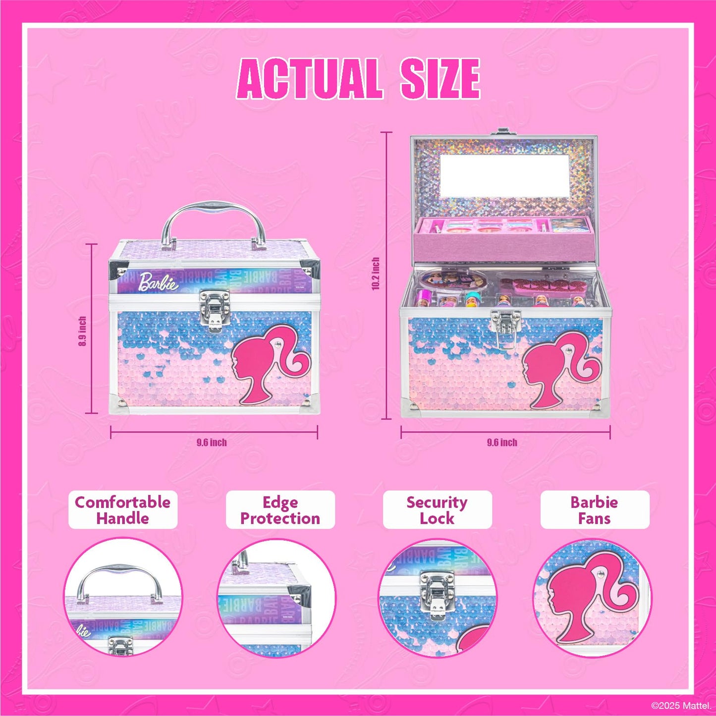 Barbie Makeup Set for Kids Girsl with Train Case, Includes Nail Polish, Lip Gloss and more, Kids Makeup Kit for Girls, Play Makeup, Party Favor, Birthday, For Kids Ages 3+, by Townley Girl
