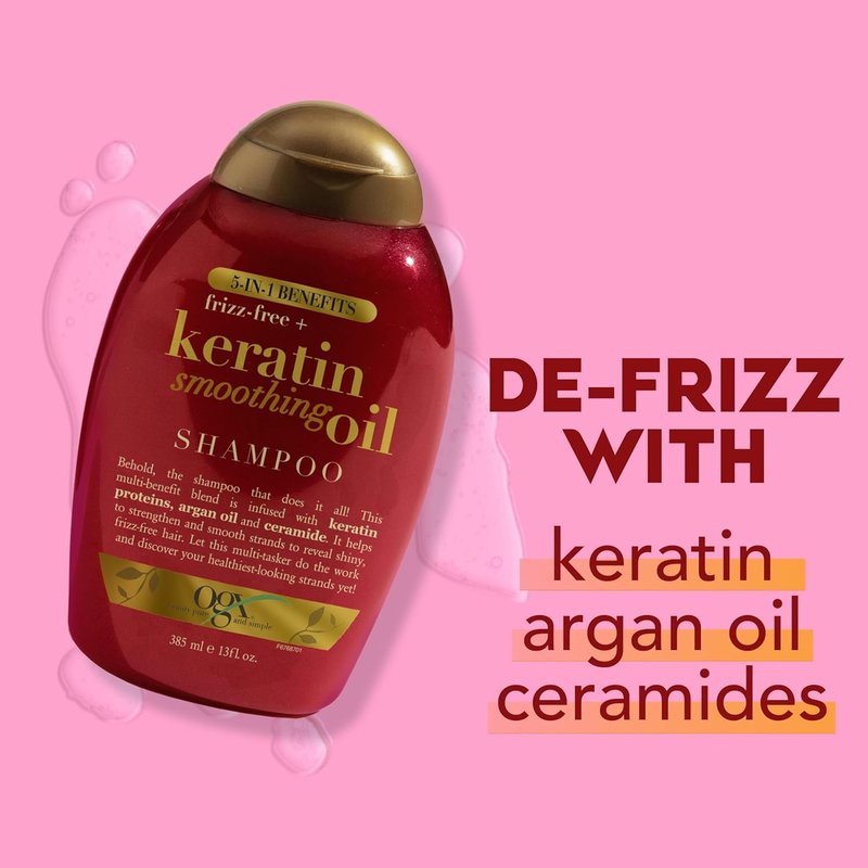 OGX Frizz-Free Keratin Smoothing Oil Shampoo - 5-in-1 Formula for Frizzy, Shiny Hair | 13 Fl Oz