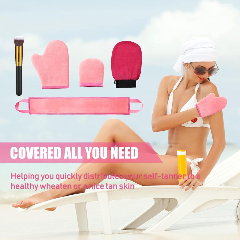 Self Tanning Mitt Applicator Kit - 5 Pieces with Exfoliating Glove & Back Lotion Applicator | Pink