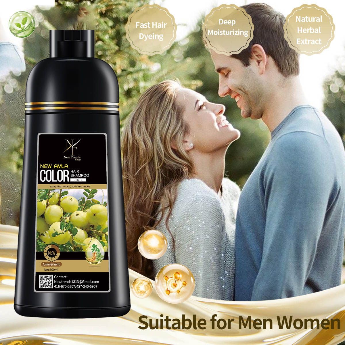 New Trends Hair Color Shampoo, Dark Brown - Instant Hair Color for Grey Hair, Ammonia Free, PPD Free, 16.9 Fl Oz (1 Bottle), Natural Henna, Herbs and Botanicals, Aloe Vera, Coconut Oil, Honey