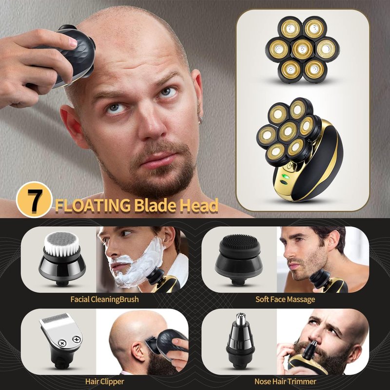7D Electric Head Shaver for Bald Men - Waterproof Grooming Kit | Multifunctional Hair Razor