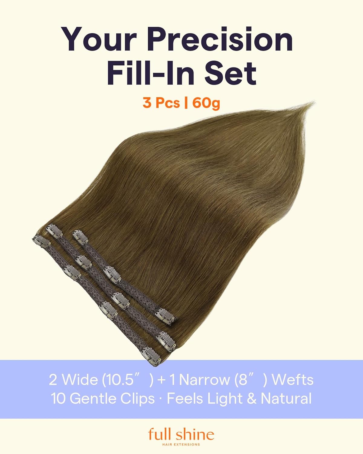Brown Human Hair Extensions - 16 Inch Clip-In Remy Hair, Straight & Natural | 60 Grams, Medium Brown, 3 Pcs