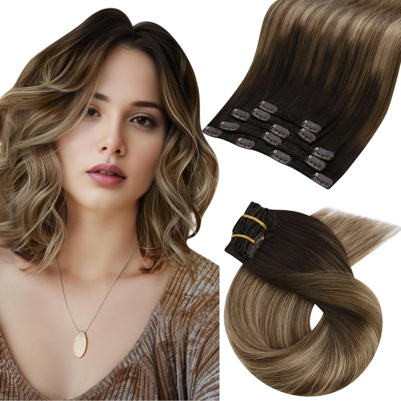 Moresoo Clip in Hair Extensions Real Human Hair Balayage Human Hair Clip in Extensions Ombre Dark Brown to Golden Brown With Blonde Hair Extensions Clip ins 12inch 80g 5pcs