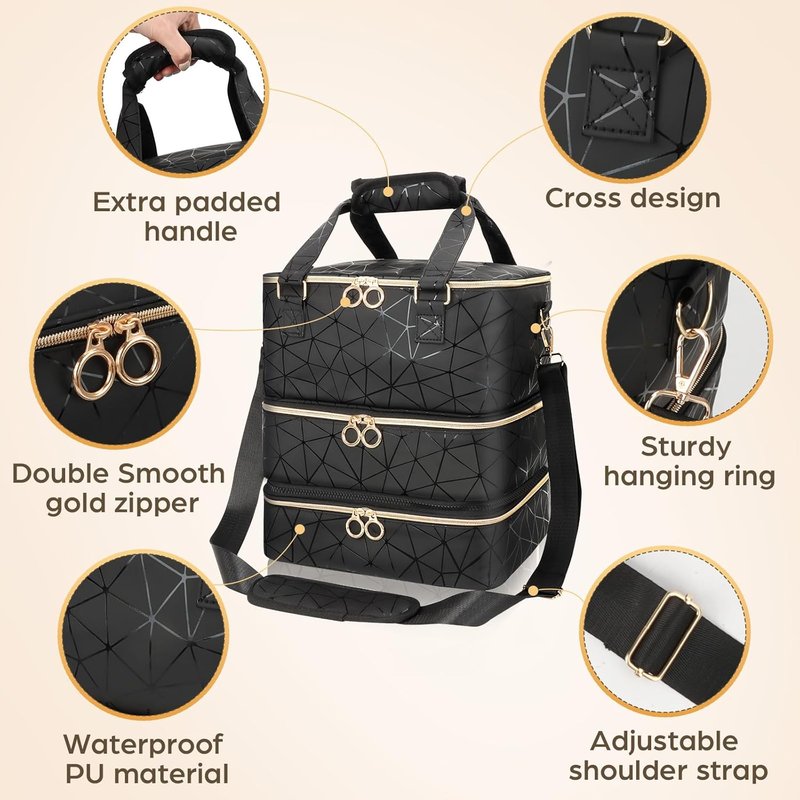 Nail Polish Organizer Bag - 84 Bottle Capacity | 3-Layer PU Leather Storage Case with Shoulder Strap for Nail Techs