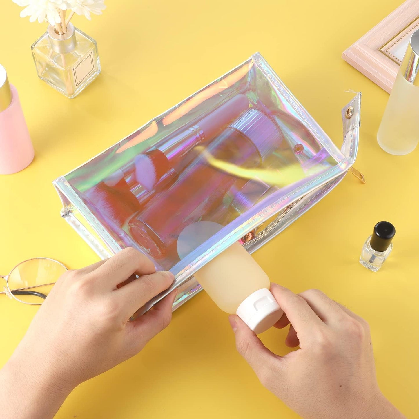 Holographic Makeup Bags - 10 Pcs Clear PVC Zippered Toiletry Pouches | Waterproof Iridescent Cosmetic Bags for Travel & Parties