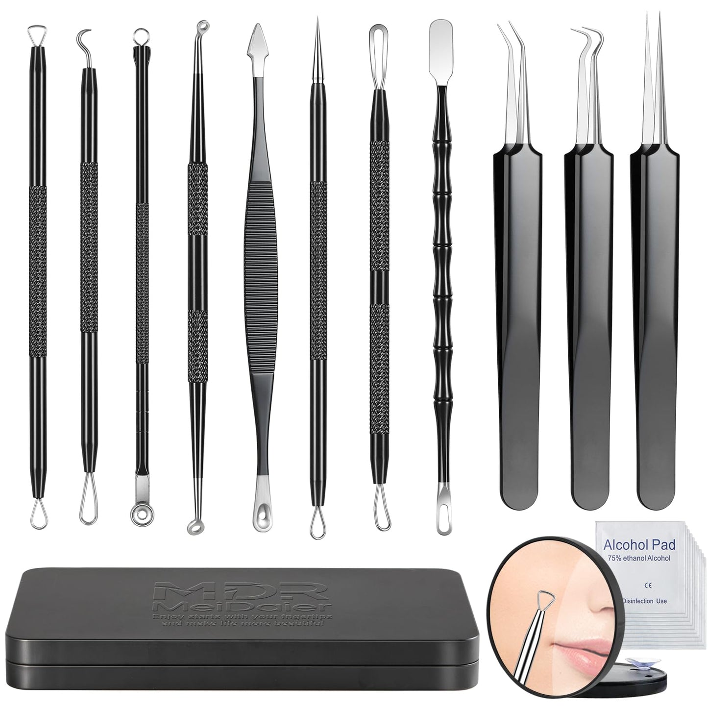 Meidaier 11Pcs Blackhead Remover Kit, Stainless Steel Acne Comedone Extractor with 10X Magnifying Glass & 20 75% Alcohol Pads, Pimple Whitehead Blemish Removal, Anti-Slip Handle & Storage Box