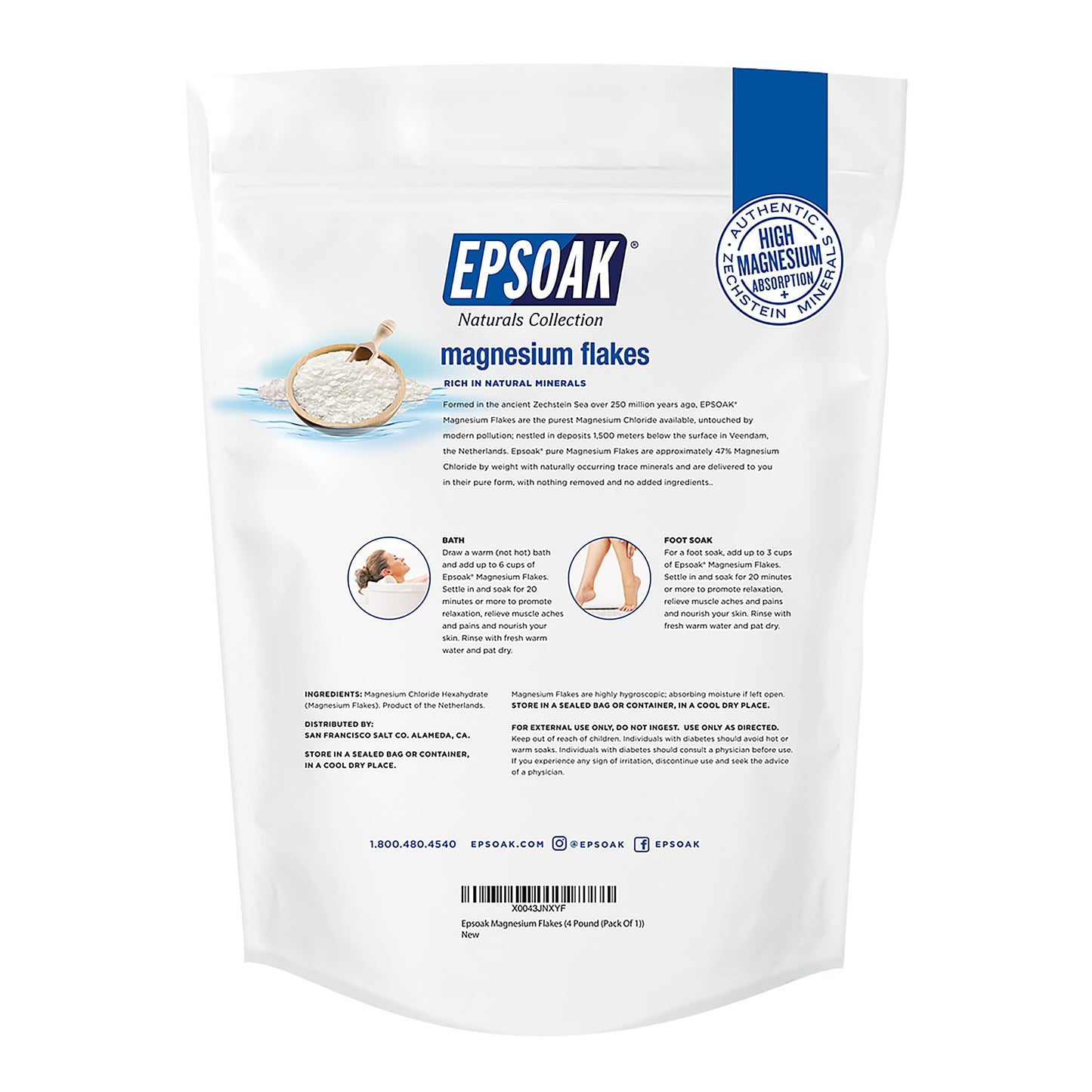 Epsoak Magnesium Flakes 4 lb. Magnesium Sulfate USP. Resealable Epsom Salt Bag Unscented, Made in The USA, Cruelty-Free Certified