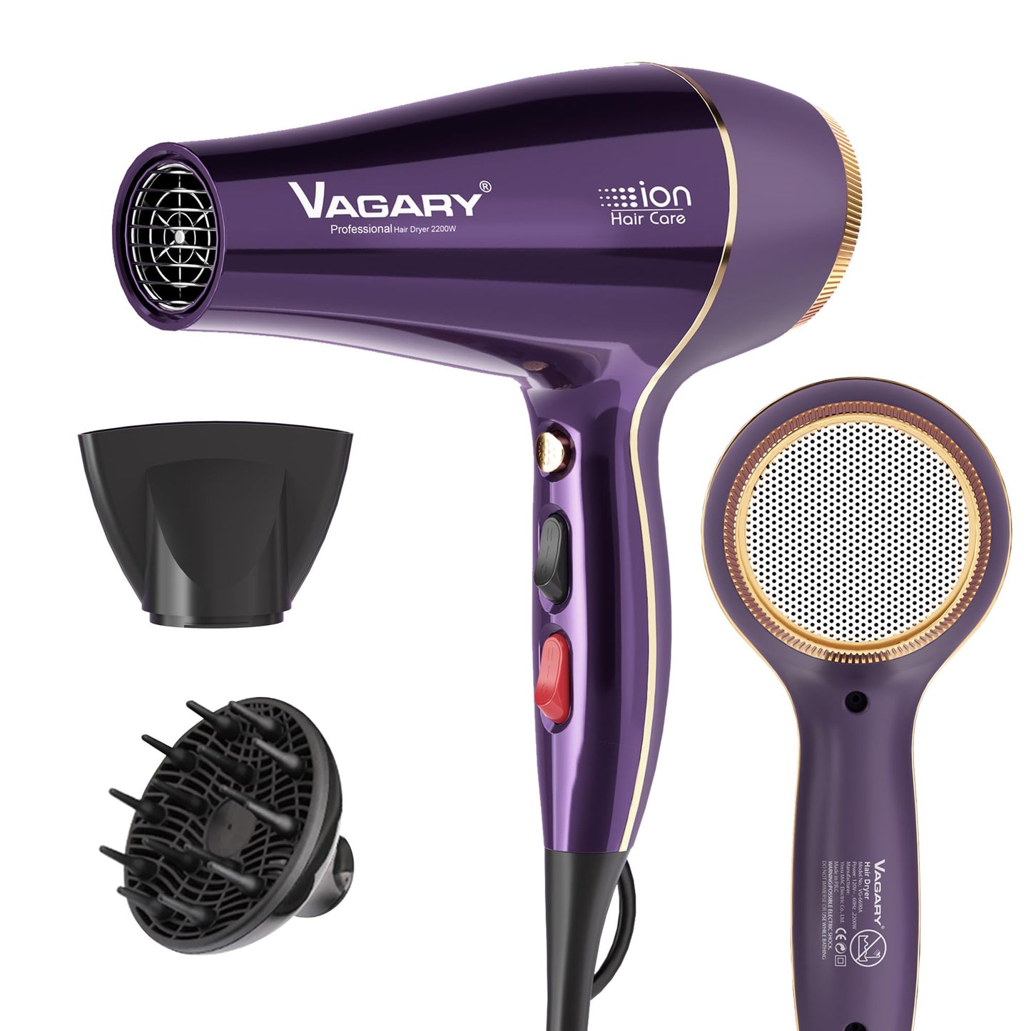 VAGARY Hair Dryer with Diffuser Concentrator, 2200W Professional Salon Ionic Blow Dryer for Frizz Free Smooth Hair, Featuring 2 Speeds and 2 Heat Settings, Cool Shot Button（Purple）