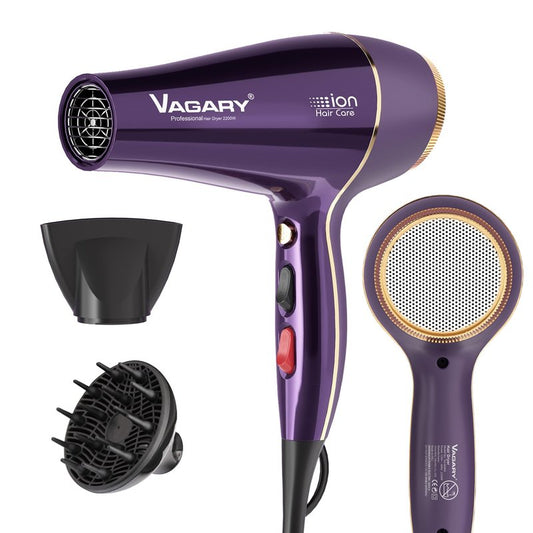 VAGARY Hair Dryer with Diffuser Concentrator, 2200W Professional Salon Ionic Blow Dryer for Frizz Free Smooth Hair, Featuring 2 Speeds and 2 Heat Settings, Cool Shot Button（Purple）