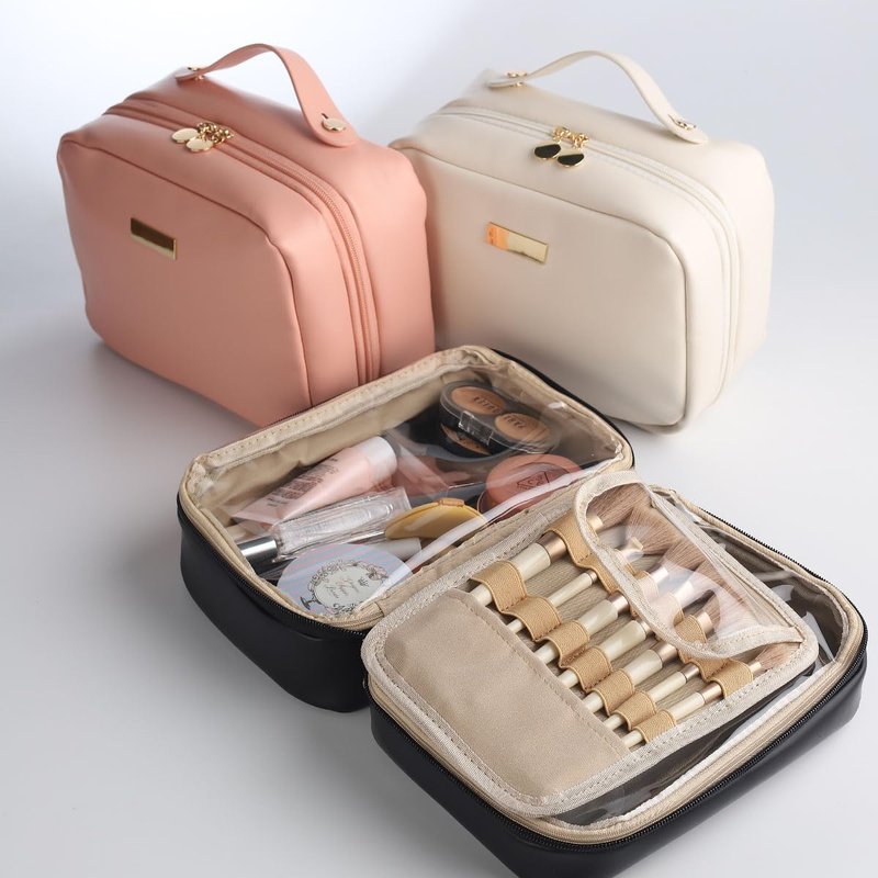 OLBUPS Portable Large Capacity Cosmetic Bag, Skincare Products, Makeup Brush Storage Bag, Double Layer Makeup Bag (White)