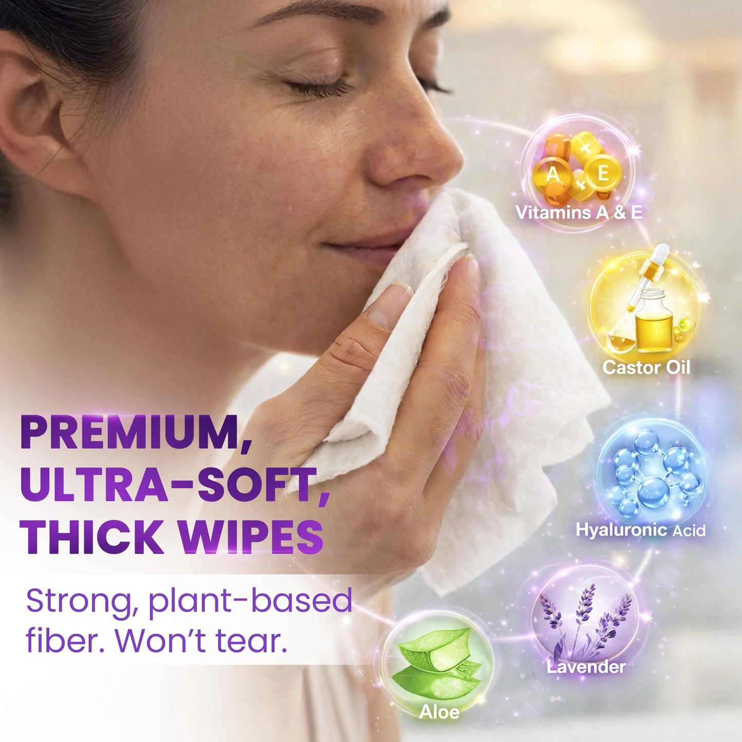 BeautyFrizz Lavender Face Wipes - Gentle No Rinse Makeup Remover and Facial Cleansing Wipes - Contains Aloe, Castor, Vitamin A and E - Suits Sensitive Skin - Moisturizing - Extra Soft (120 pcs)