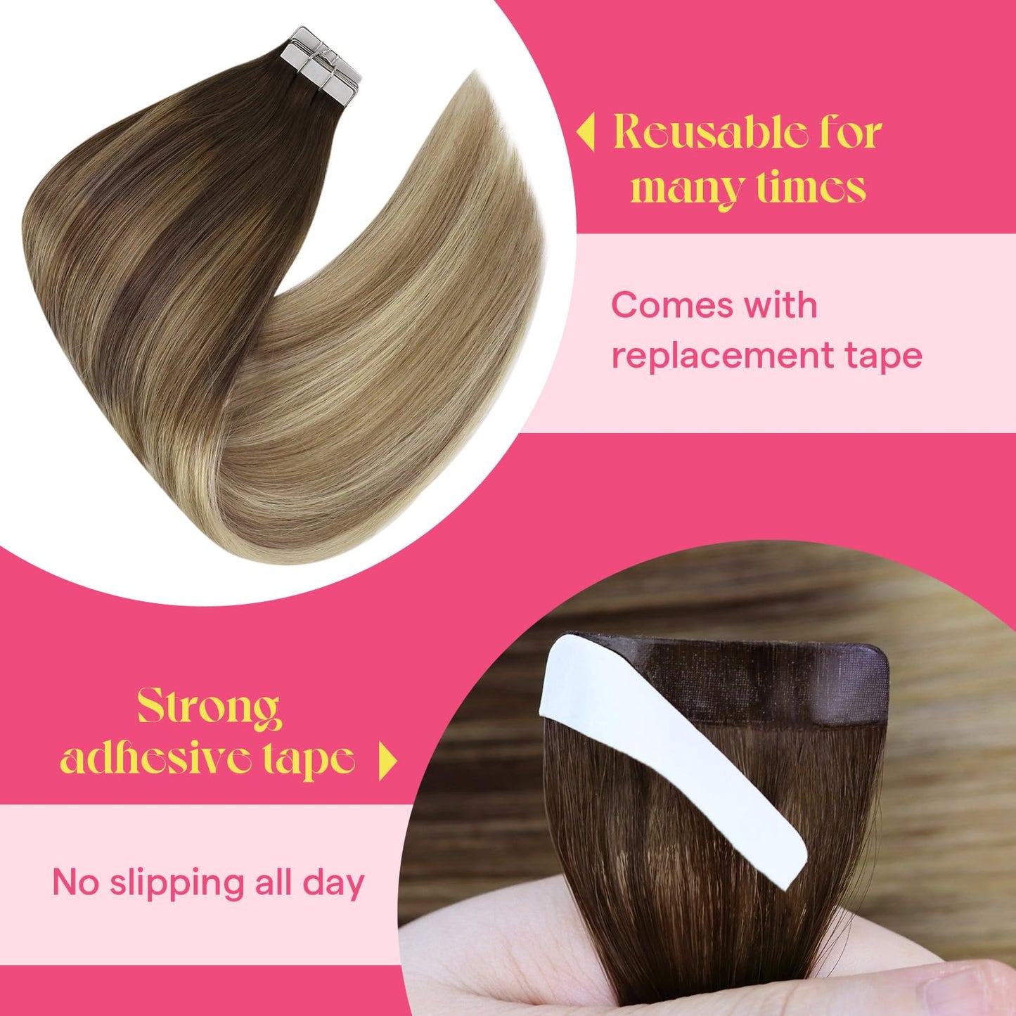 Ve Sunny Tape in Hair Extensions Human Hair, 24inch Dark Golden Blonde Highlight Platinum Blonde Tape in Extensions, Double Sided Adhesive Hair Extensions 25g
