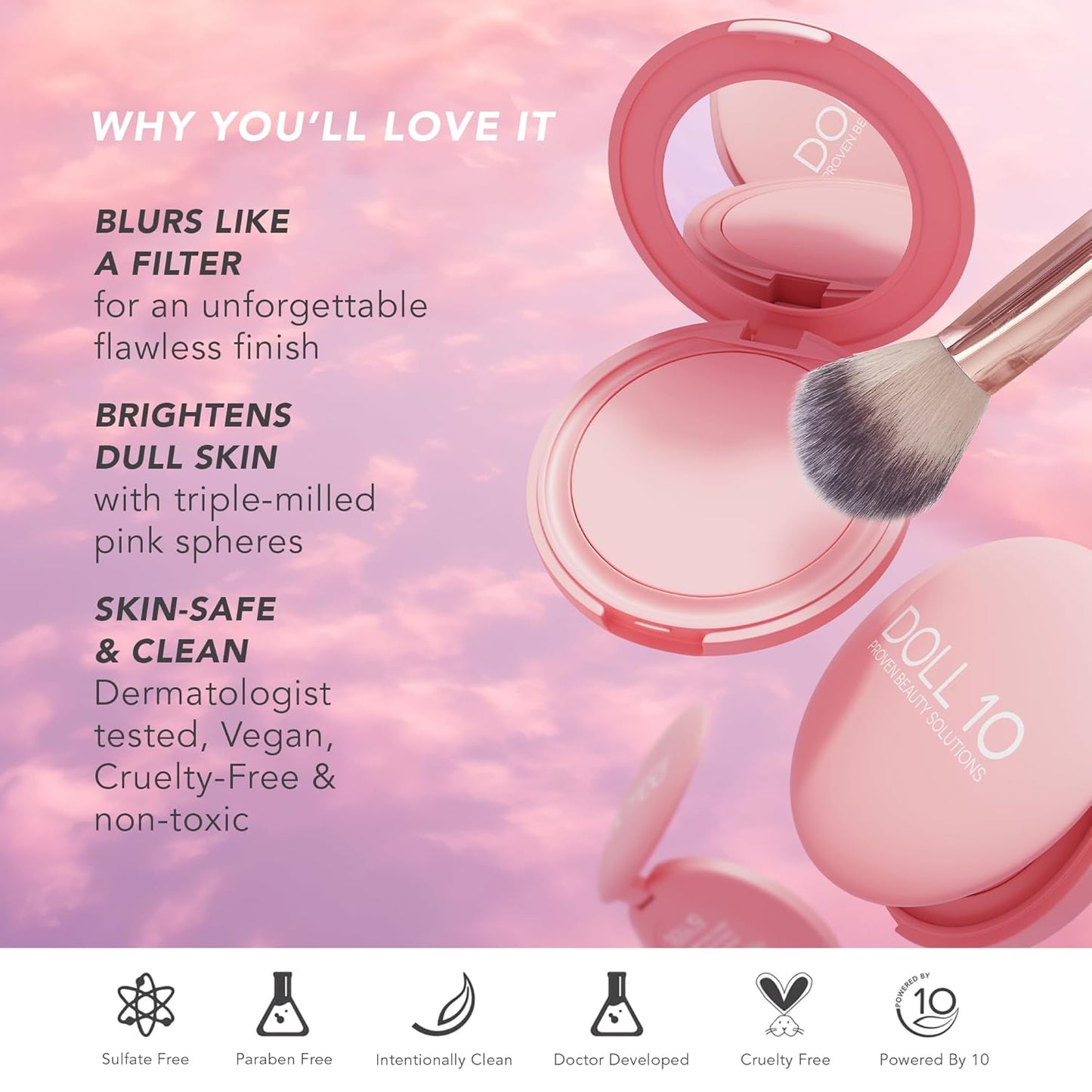 Doll 10 Pink Power Pressed Setting Powder | Blurring & Brightening Face Makeup - Vegan, Talc-Free - 4 Month Supply