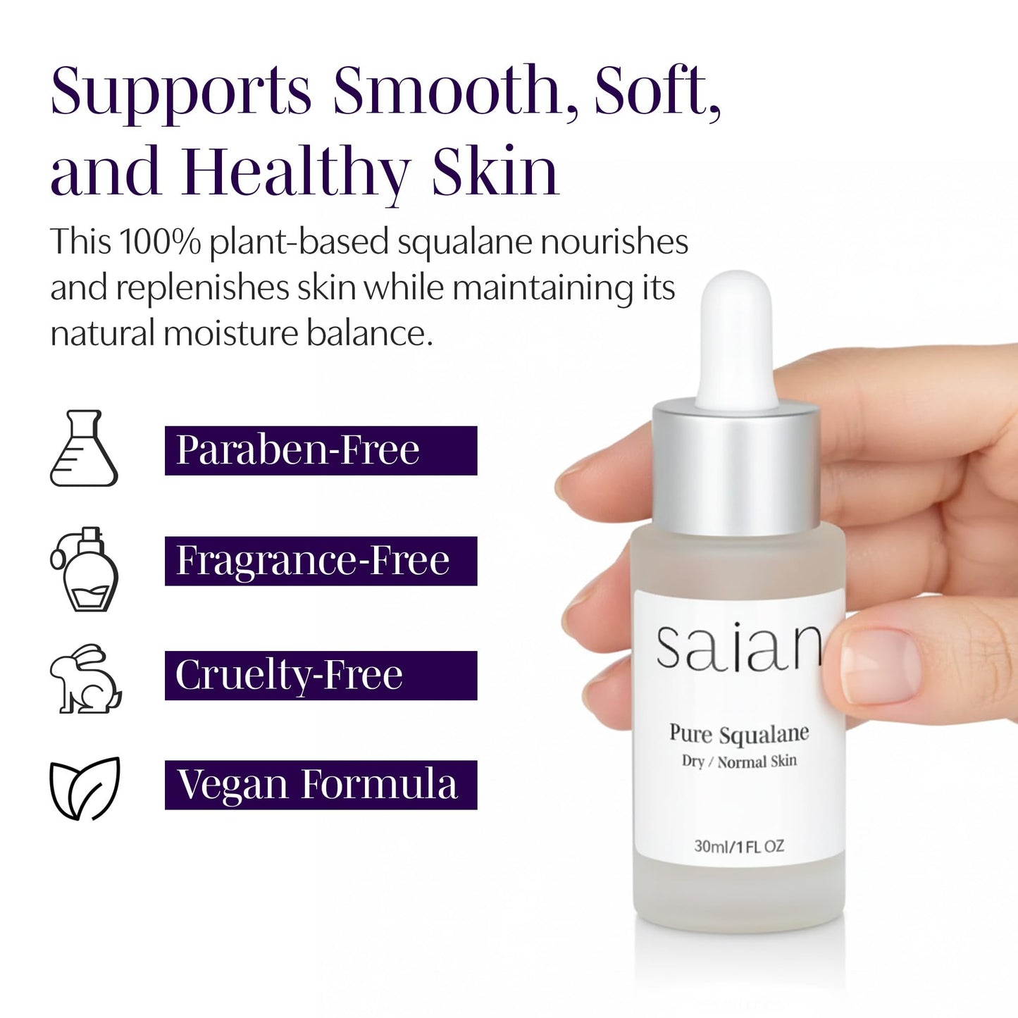Saian Pure Squalane Oil for Face - Olive-Derived Facial Moisturizer for Dry, Sensitive, or Oily Skin - Hydrating, Non-Greasy, Gentle Skincare Essential for Daily Barrier Support & Radiant Glow - 30 ml