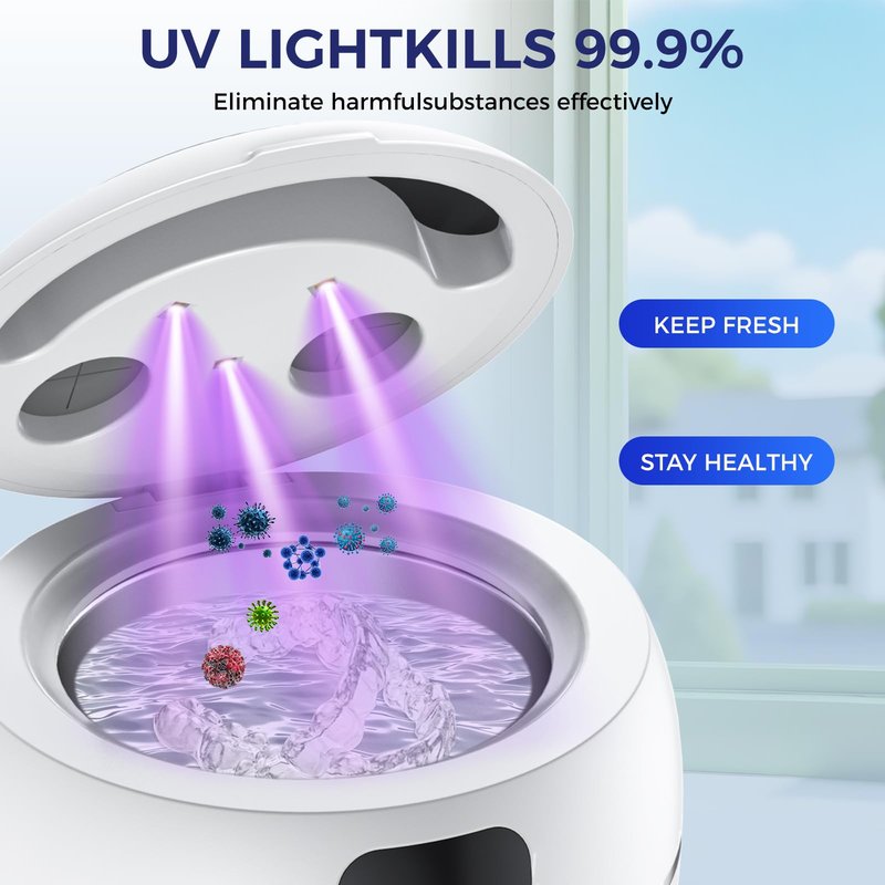Ultrasonic Retainer Cleaner Machine for Dentures, Mouth Guards, Braces, Toothbrush Heads, Jewelry, 220ML Capacity Ultrasonic Cleaner with Digital Timer&UV, 2 Modes for All Dental Appliances，White