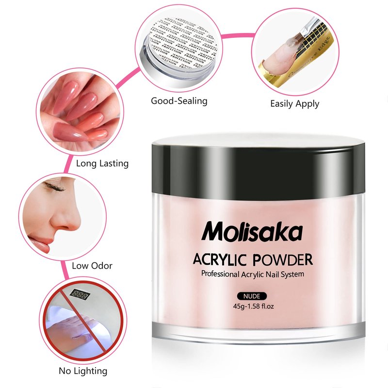 Molisaka Nude Acrylic Powder - Professional Nail Powder, Lasting Powder for French Nail Art, Salon Supplies Set (1.58oz)