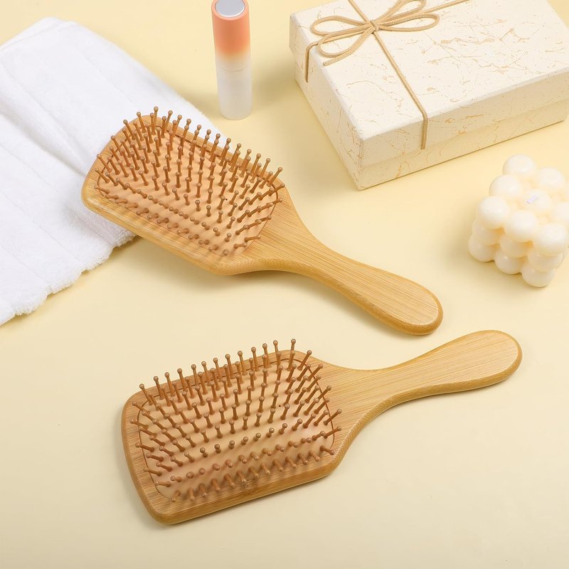 Bamboo Hair Brush Set - 12 Pcs Detangling Paddle Brushes with Round-Tipped Bristles | Lightweight Scalp Massage (9.84'' × 3.4'')