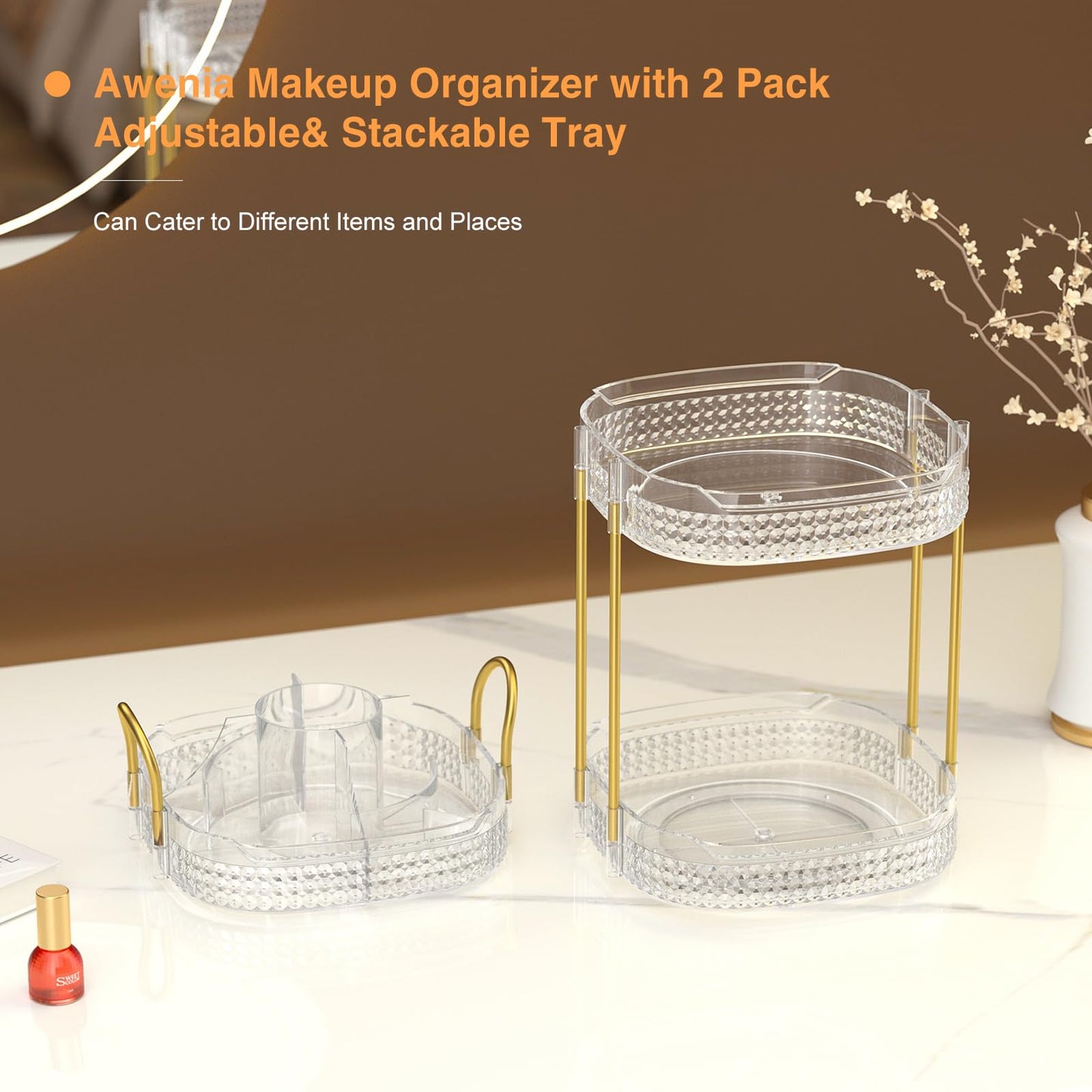 Awenia Rotating Makeup Organizer 360, Stackable Adjustable Large Capacity Cosmetic Storage Unit,Dresser Bathroom Kitchen Countertop Organizer with Metal Handle, Plus Size (Gem Green, 3 Tier)