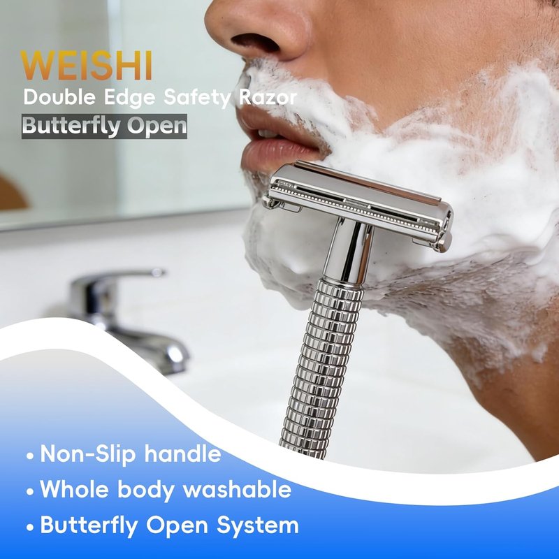 **WEISHI Butterfly Double Edge Safety Razor - Chrome Short Handle with 5 Stainless Blades for a Smooth Wet Shave**