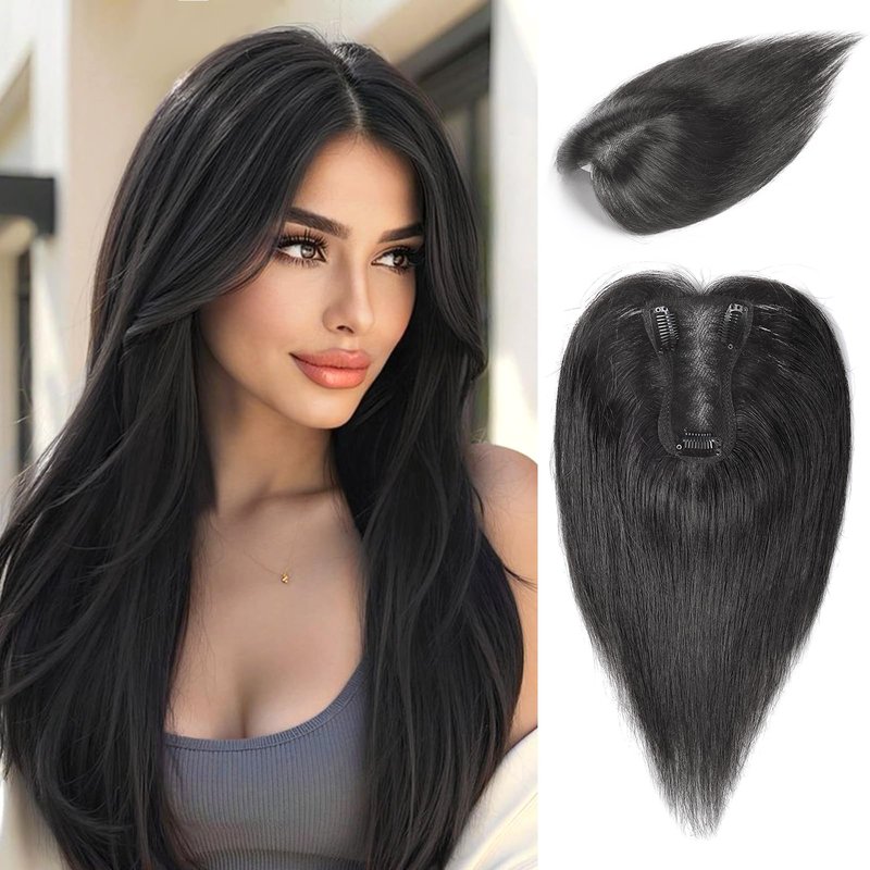 SHEIRIS Hair Toppers for Women Real Human Hair Toppers with Bangs 4.3x3.2 Inch Upgrade Swiss Lace Base Human Toppers for Women with Thinning (#Natural Black, 10inch)
