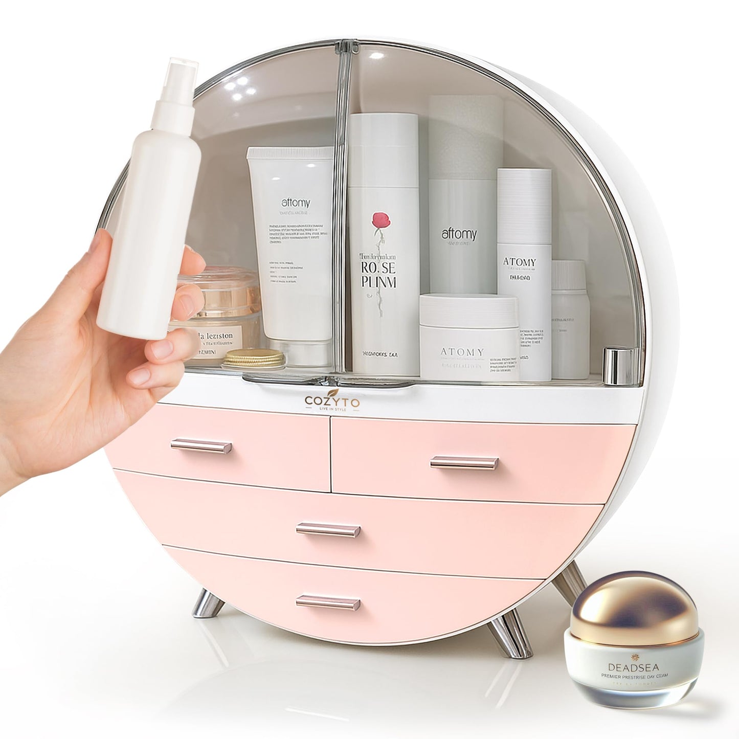 Glamora – Luna by COZYTO – Premium Cosmetic Organizer with Magnetic Doors Multi-Tier Skincare & Makeup Cabinet Perfume Organizer Makeup Organizer (Pearl White/Blush Pink & Silver Accents)