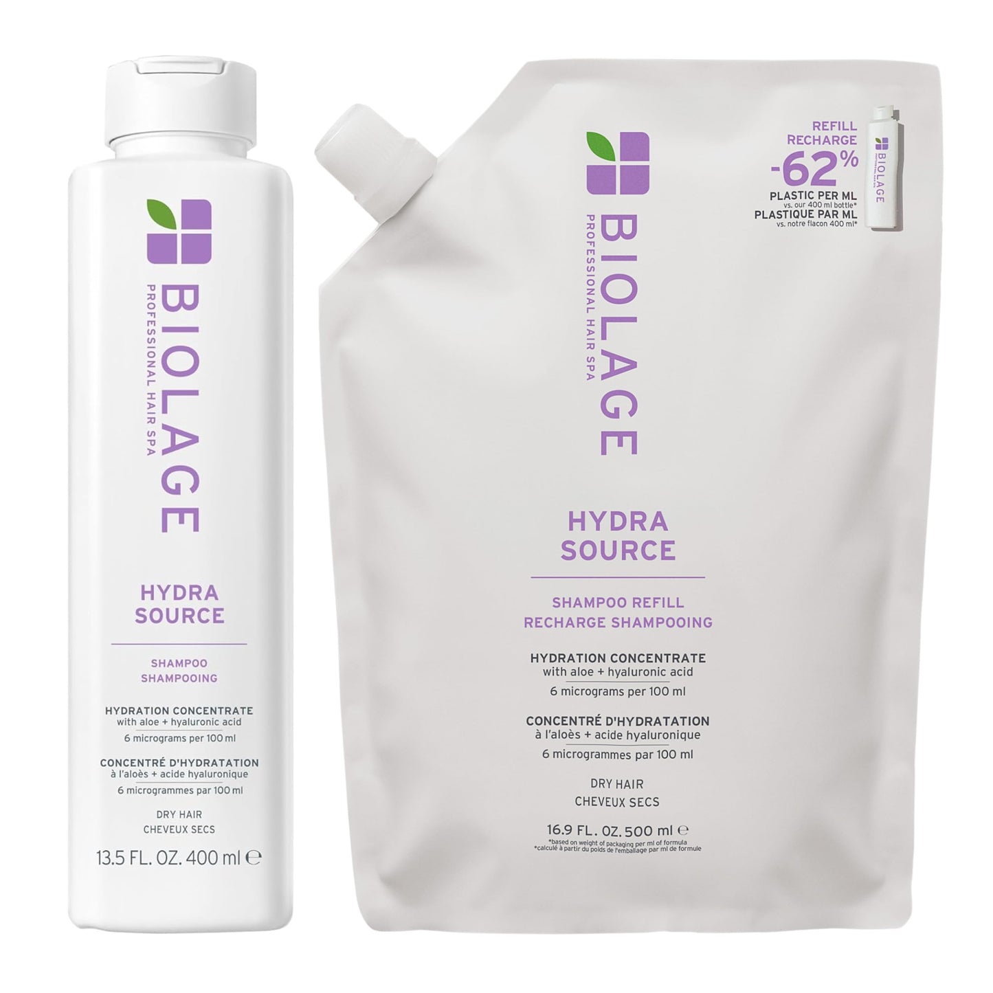 Biolage Hydra Source Shampoo and Refill Shampoo Set - Softens, Moisturizes & Adds Shine, For Dry Hair, Infused with Micro-Filtered Aloe Vera & Fermented Hyaluronic Acid, Vegan & Paraben-Free