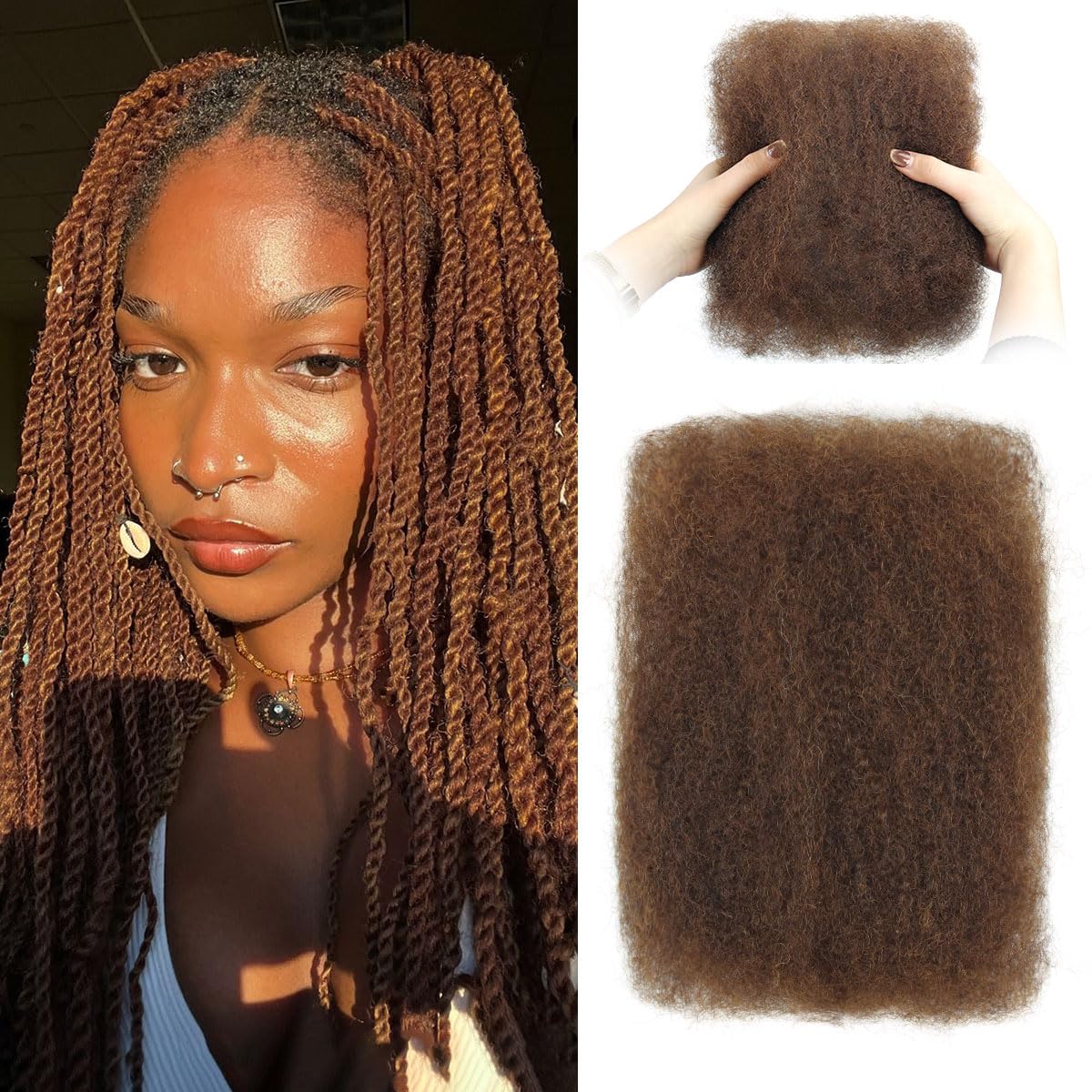 Sangtok Afro Kinky-Curly Human Hair Bulk for Twists, 18 Inch 50g Bulk Hair for Dreadlock Extensions Repair Locs Braiding, 100% 4C Human Bundles Hair(Black)