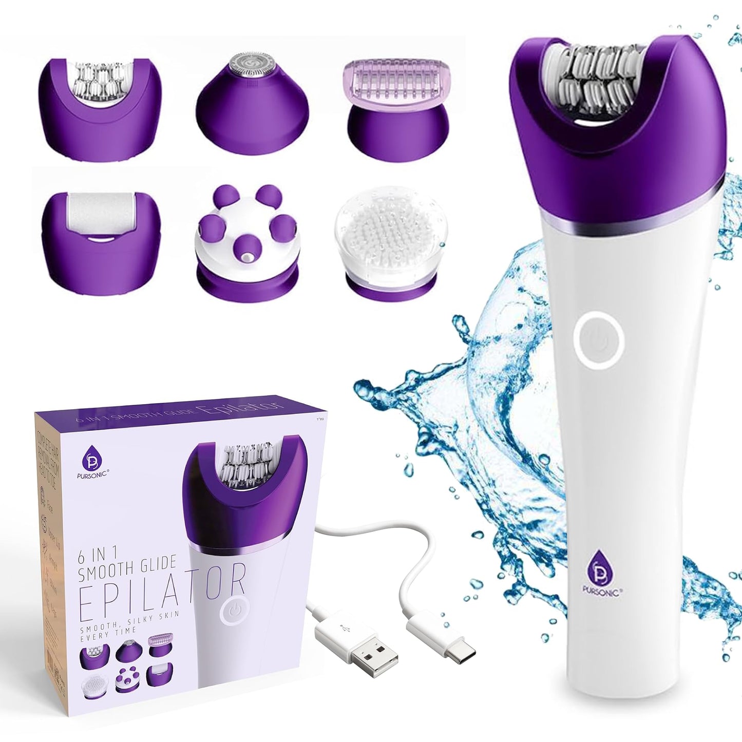 Pursonic 6-in-1 Smooth Glide Epilator for Women, Wet & Dry Electric Hair Removal Device with LED Light, Callus Remover, Exfoliating Brush, Shaver Head, Massage Attachment, Rechargeable Battery