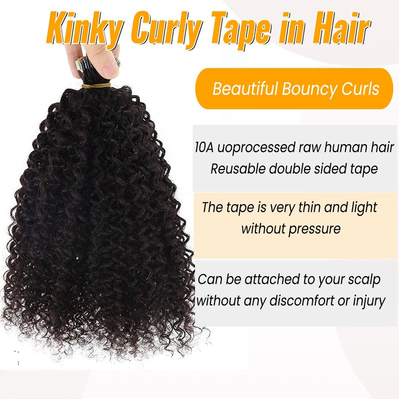 Curly Tape ins 20 pcs Kinky Curly Tape in Hair Extensions Human Hair Natrual Black for Women 16 Inch 50G
