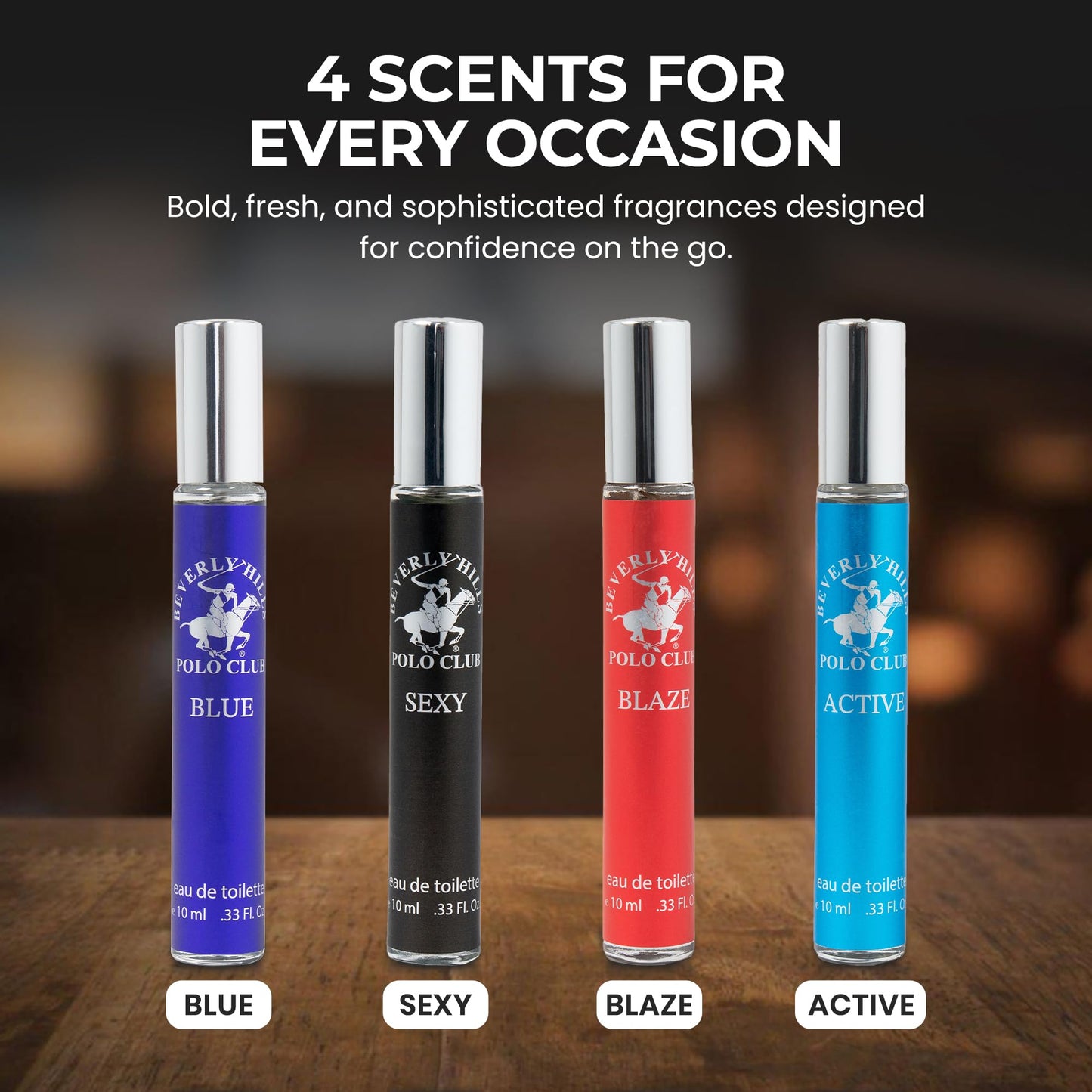 Beverly Hills Polo Club EDT Pen Spray Collection - Set of 4 Men's Fragrance Gift Set - Active, Sexy, Blaze and Blue Scent - Long-Lasting, Travel-Friendly Cologne for Men (10ml Each)