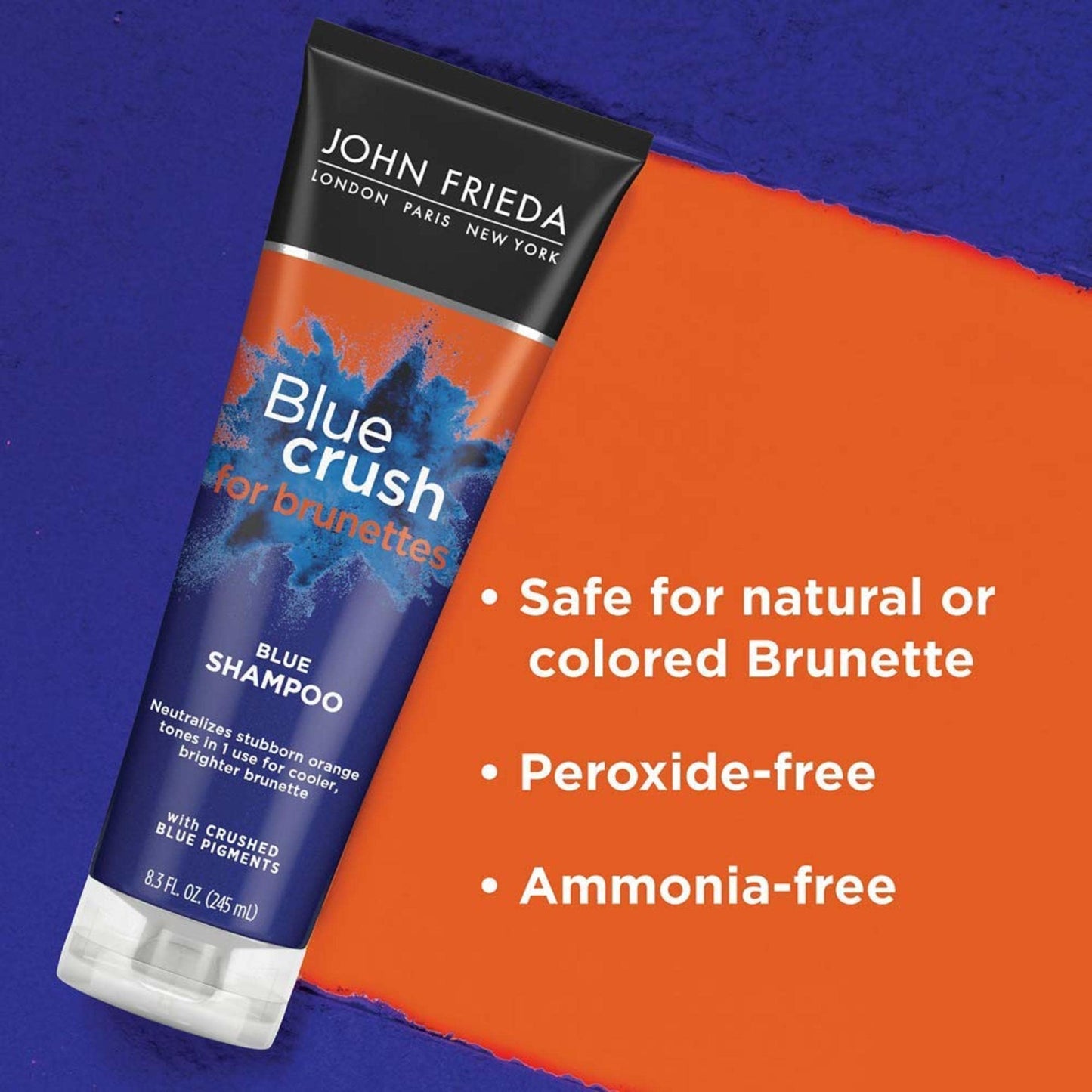 John Frieda Blue Crush Blue Shampoo for Brunettes, Crush Brassy Hair Tones for Brunettes, 8.3 oz (2 Pack)