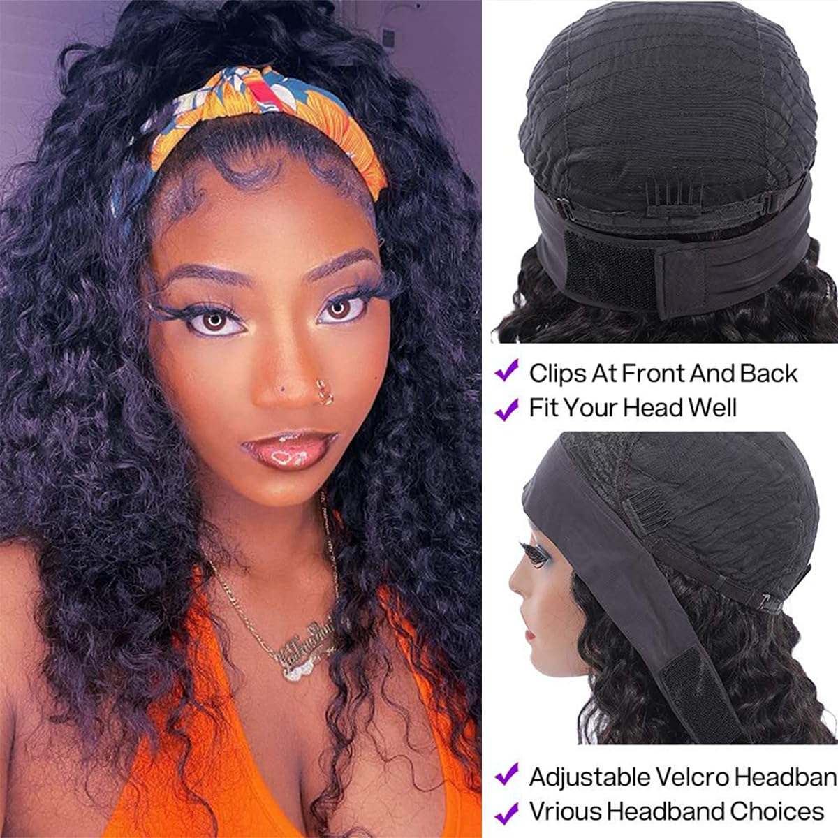 Feelgrace Short Headband Wigs Human Hair Water Wave Wig for Women, Glueless Curly Weave Wigs 100% Unprocessed Hair None Lace Front Wigs 150% Density Brazilian Hair Natural Black Headband Wig 14 Inch