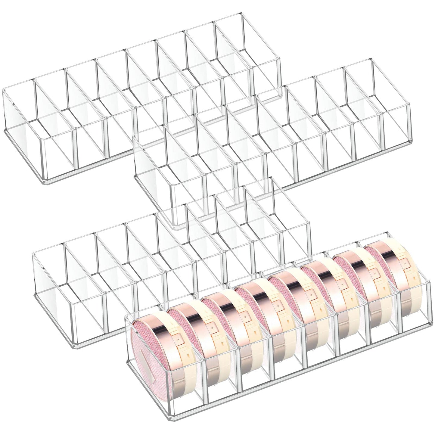 Tuanse 4 Pcs Acrylic Makeup Compact Organizer Detachable 8 Spaces Clear Vanity Drawer Organizer Eyeshadow Palette Storage for Lipstick Highlighter, Skincare Cosmetic Display Cases for Bathroom