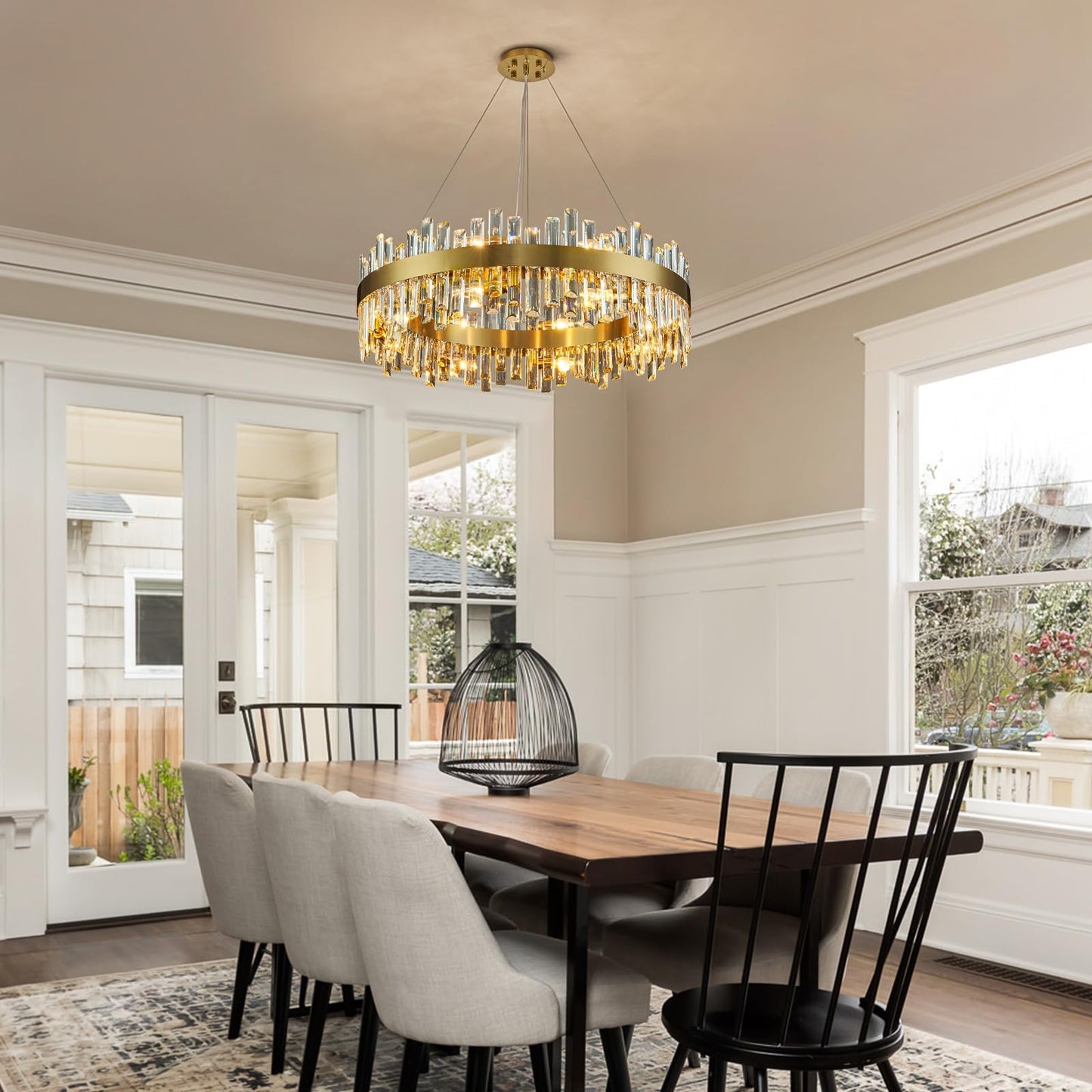 Siljoy Modern Crystal Chandelier, 16-Light Brushed Brass Gold 2-Tiers K9 Crystal Raindrop Chandelier, Luxury Large Crystal Chandelier Ceiling Light for Living Dining Room Entry Foye D31.5''