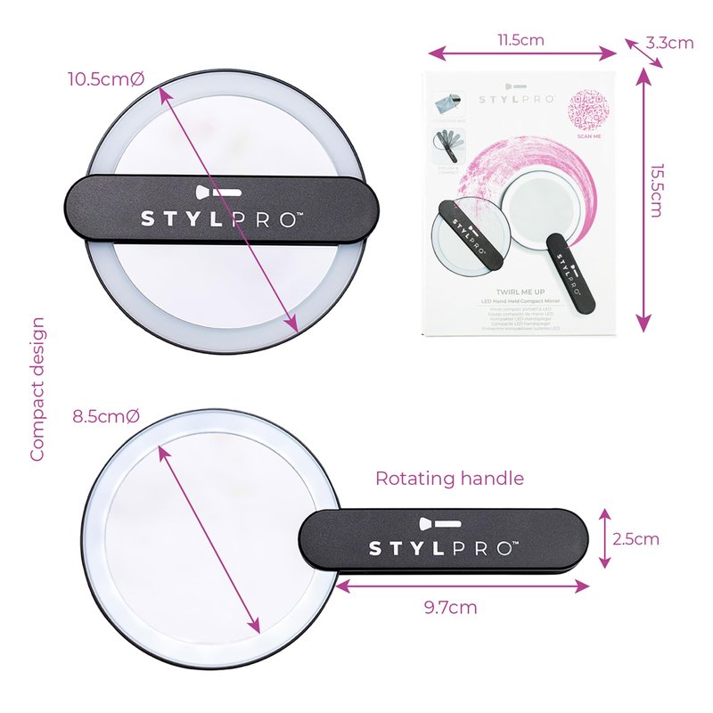 StylPro Twirl Me Up LED Hand Held Compact Makeup Mirror - Lightweight, USB Rechargeable - Rotating Handle Perfect for Selfies - 1 pc