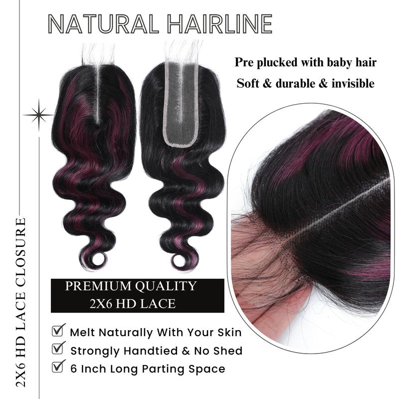ALHER Black Mix Purple Highlight Bundle Human Hair Body Wave, 12A Soft Thick Single Bundle Wavy Human Hair, 100% Remy Hair Midnight Purple Dark Burgundy Highlight Two Tone Color (#1B/Purple, 16 Inch)
