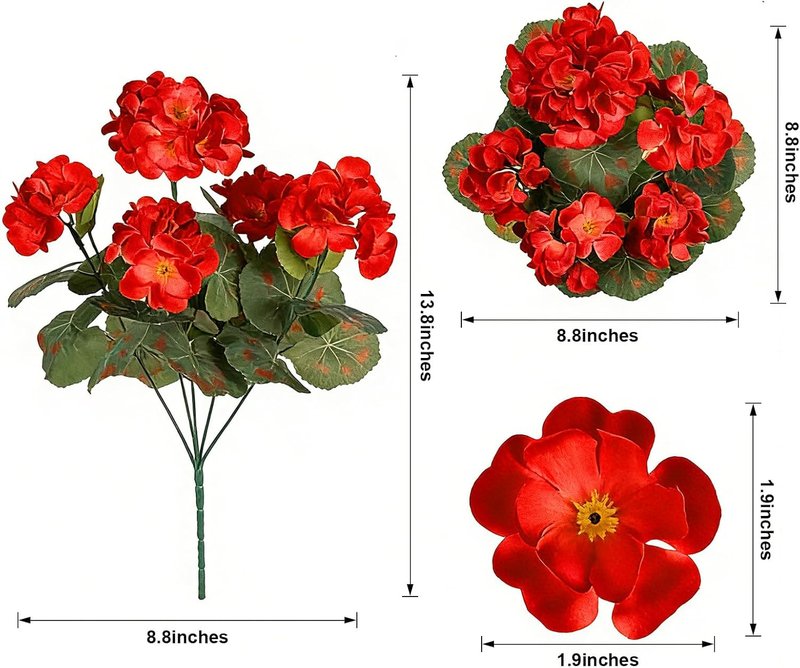 Artificial Geranium Flowers - 8 Bundles UV Resistant Fake Plants | Red & Pink for Outdoor Decor, Home & Garden