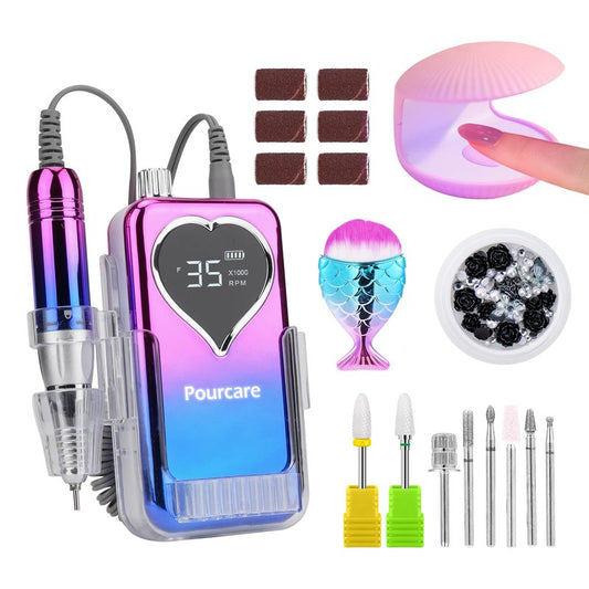 Professional Electric Nail Drill Machine for Acrylic Nails, 35000 RPM Electric Nail File Tool Set, Portable E-File Rechargeable Manicure Pedicure Polish Kit for Home Salon Tech (Heart Sunset Blue)