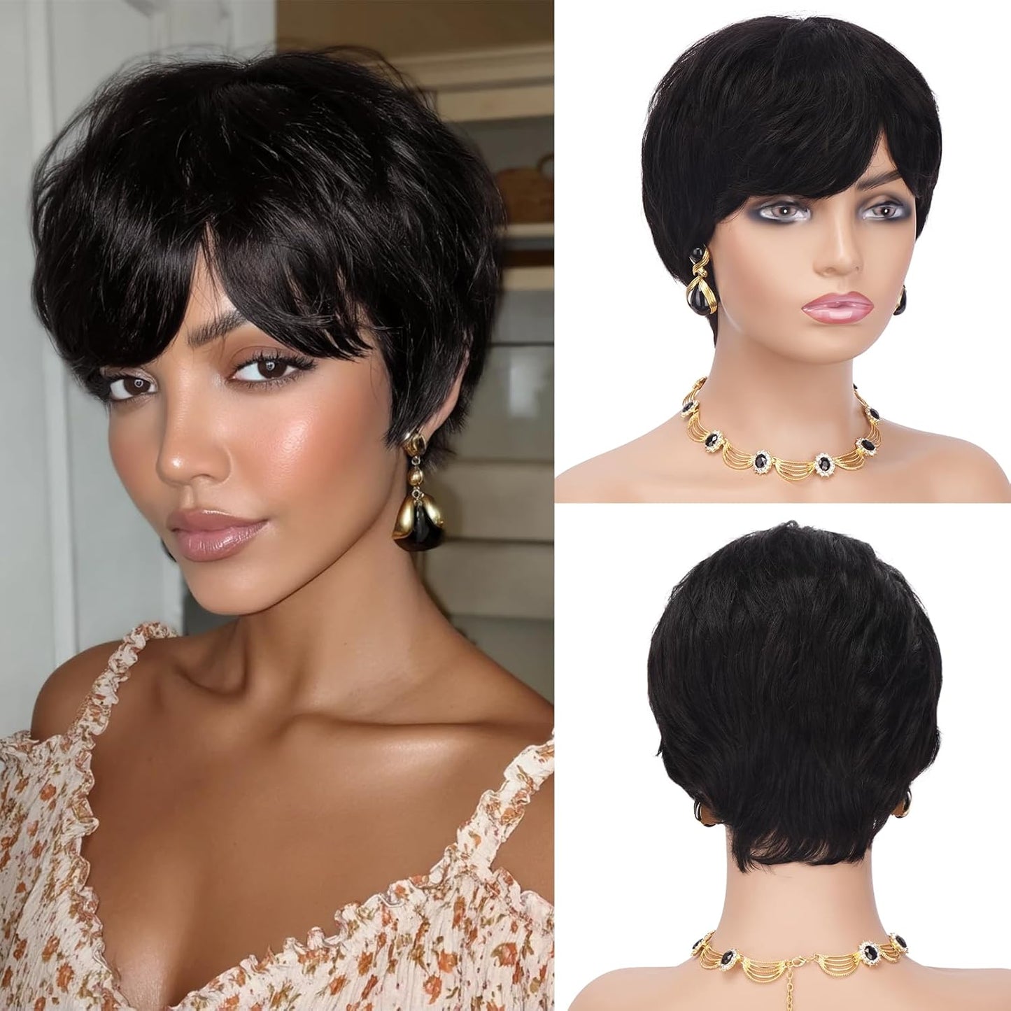 Pixie Cut Wig - Human Hair Short Wig with Bangs for Black Women | Natural Black Glueless Layered Style