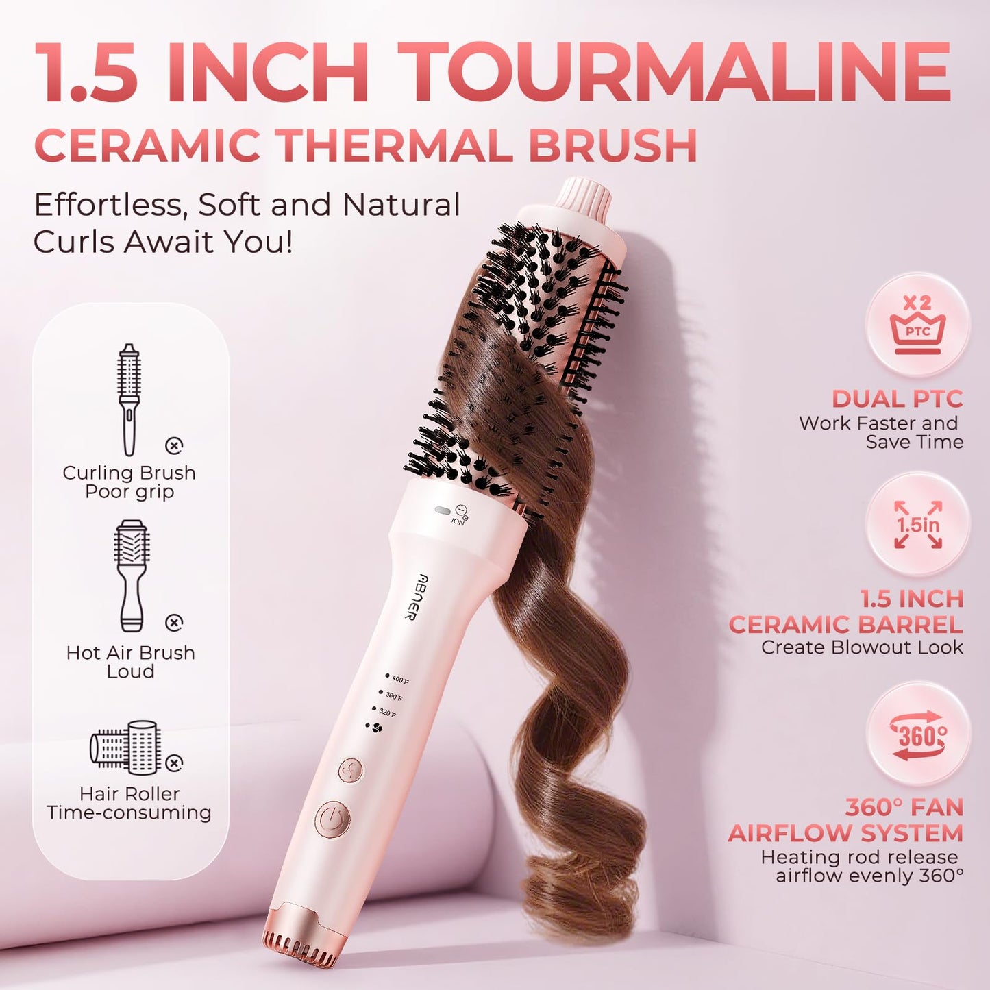 ABNER Thermal Ionic Brush, 1.5 inch Heated Round Brush for Blowout Look, Volumize, Style, Makes Hair Shinier & Smoother, Dual Voltage for Travel, Negative Ion Technology, Ceramic, Temperature Settings