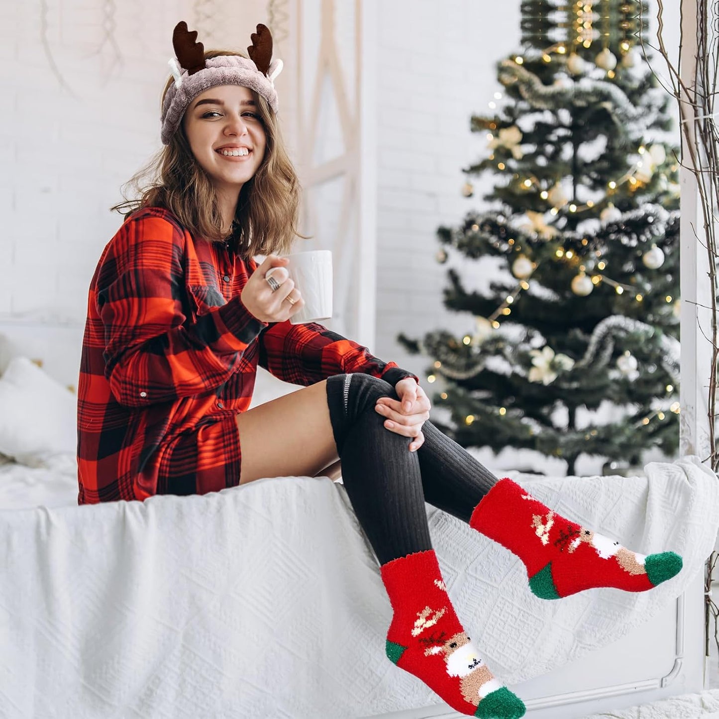 Christmas Antlers Headband Set - 12 Pieces with Fuzzy Socks for Holiday Parties | Deer Ear Design