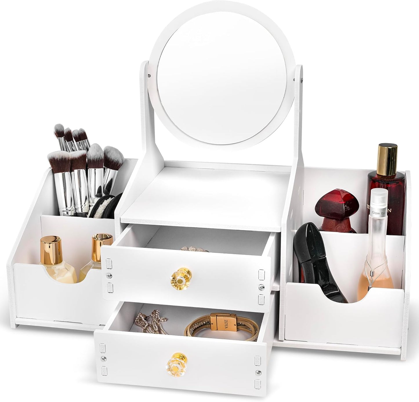 Wooden Makeup Organizer - Elegant Countertop Storage with Mirror & Drawers | Ideal for Brushes & Skincare