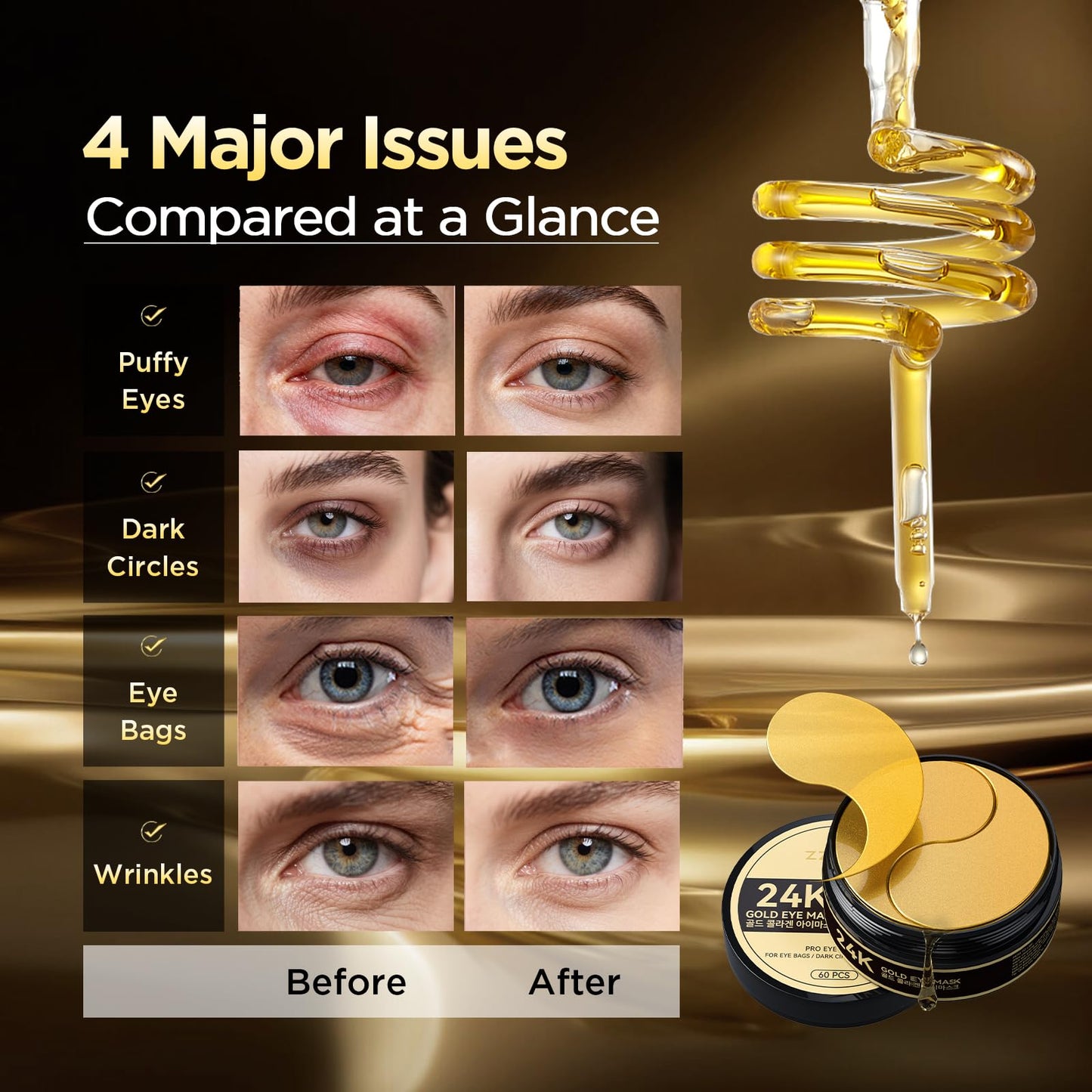 ZZILME 24k Gold Eye Patches - Firming, Glowing & Hydrating Hydrogel Mask for Puffy Eyes, Dark Circles, Wrinkles, Fine Lines, Eye Bags Treatment, Korean Skincare Gifts for Women and Men, 60Pcs