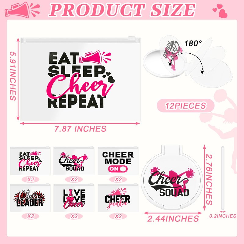 Locmeo 36 Pcs Cheerleader Gifts Set Including Portable Zipper Cheer Makeup Bag, Compact Mirror, Cheer Bracelet - Party Favors for Women Cheerleading Team