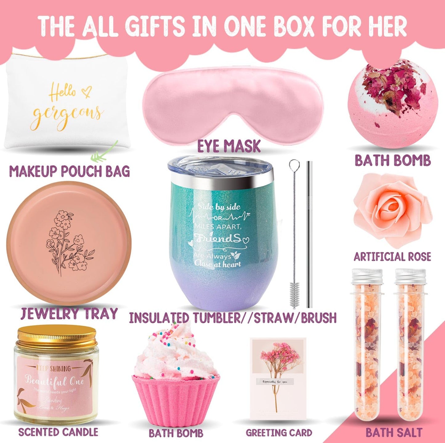 Birthday Gifts for Women-Best Relaxing Spa Gift Box Basket for Wife Mom Sister Girlfriend Daughter Best Friend Mother-Happy Birthday Gifts for Women -Unique Wine Tumbler Spa Bath Set (Rose Gold)