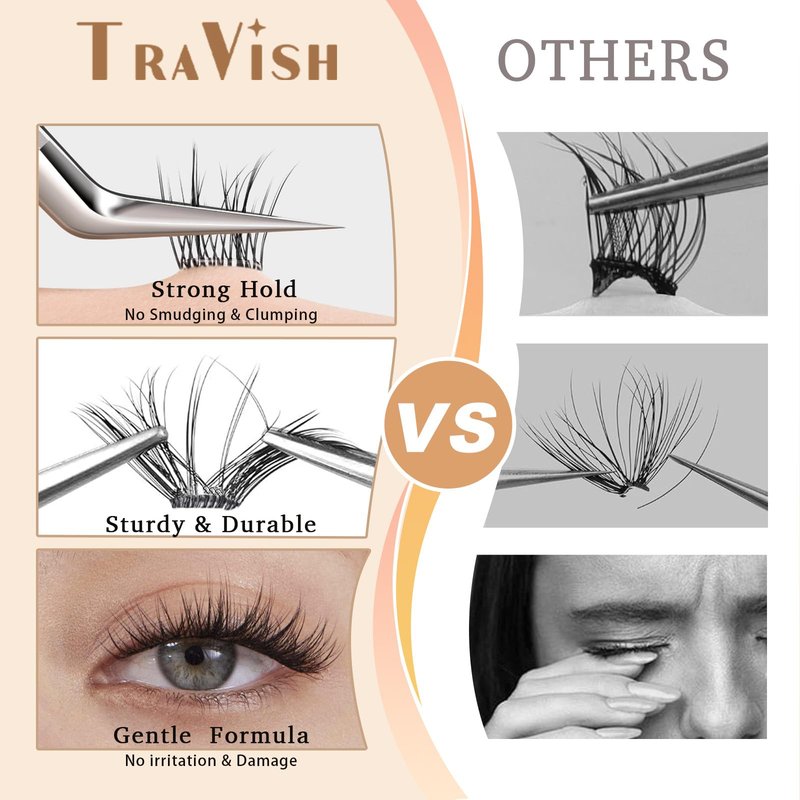 Travish D Curl Self Adhesive Lash Clusters 48Pcs 10-14mm, Natural Wispy Volume Press On Lashes No Glue DIY Eyelash Extensions with Tweezers