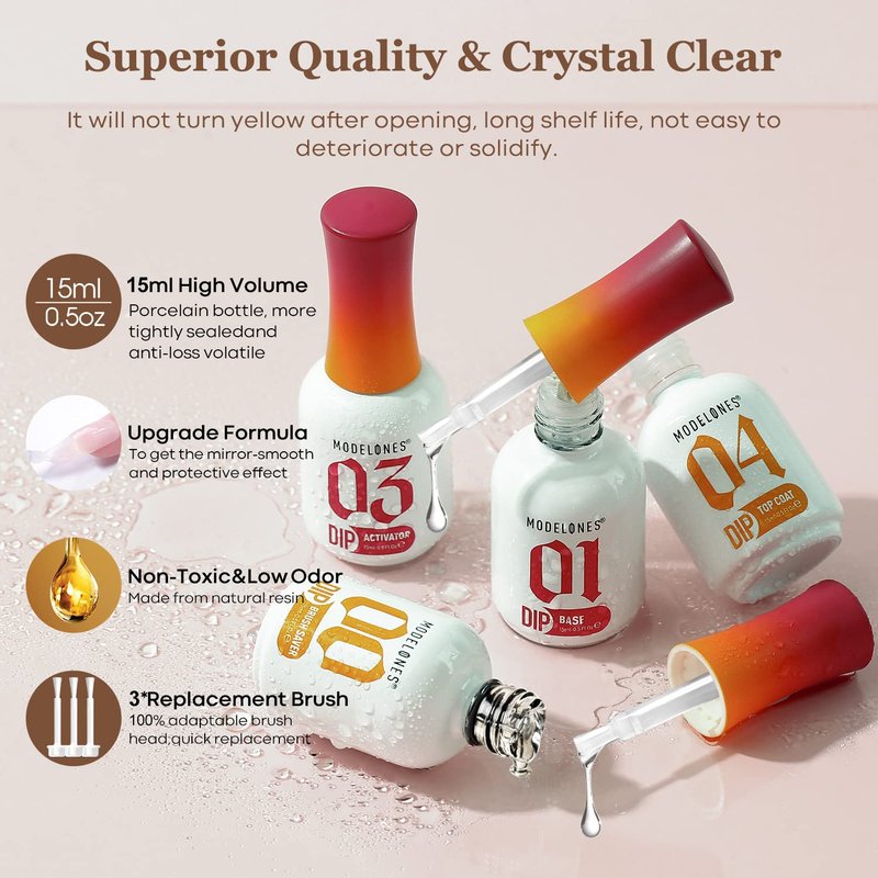 Modelones Dip Powder System Set - 4 Pcs Base Coat, Top Coat, Activator & Brush Saver | Nail Art DIY Kit - 15ml/0.5oz
